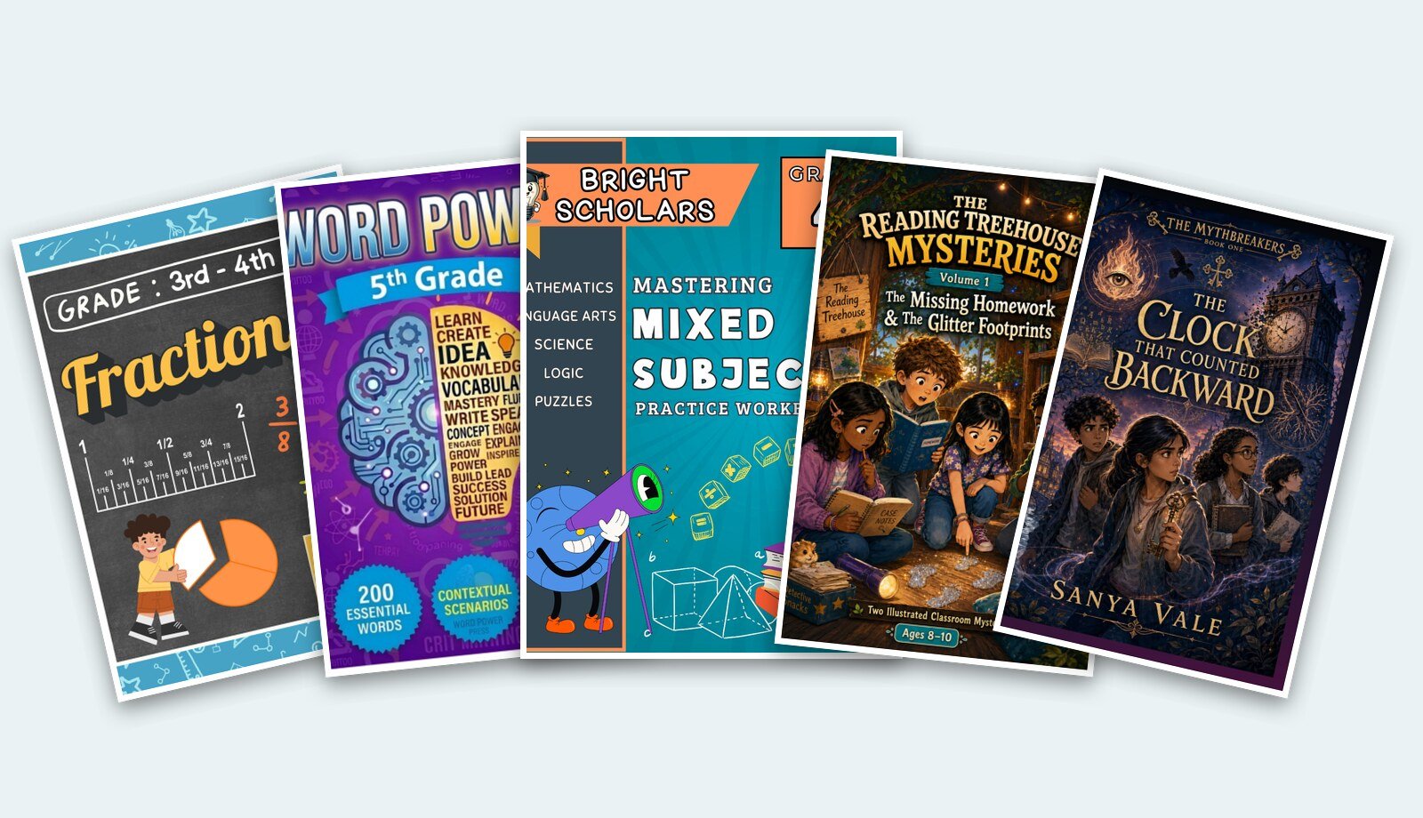 Fanned stack of Kids Learning Company workbooks and story books for grades K to 12