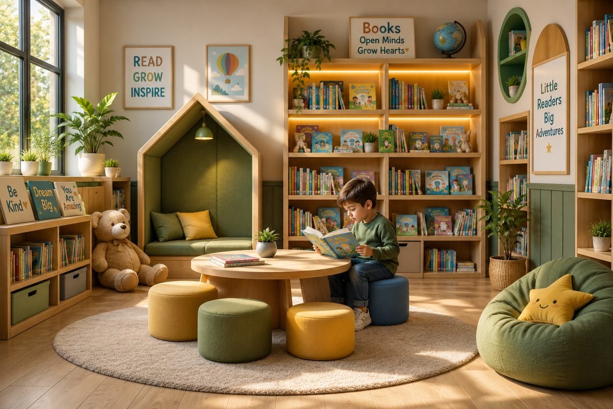 Three children reading illustrated story books together on floor cushions in a bright reading room