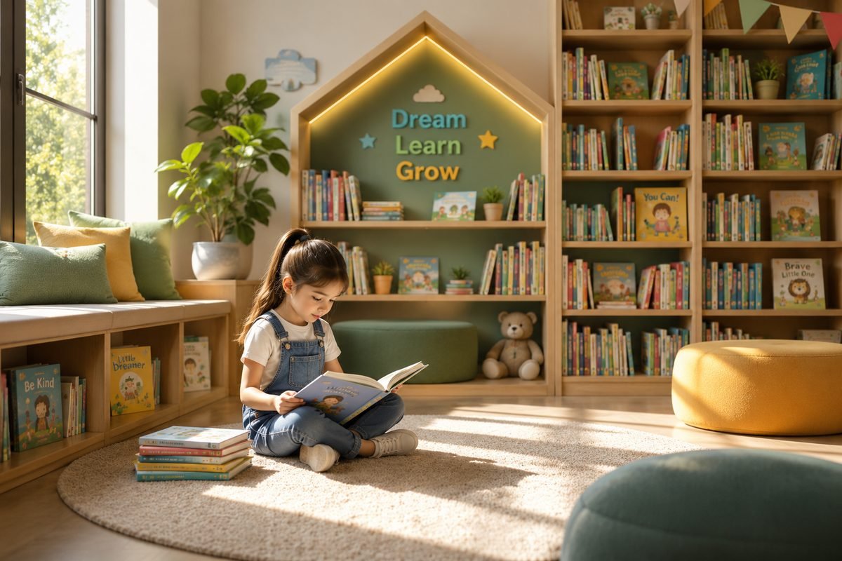 Child reading a picture book in a sunlit home reading corner surrounded by kids books