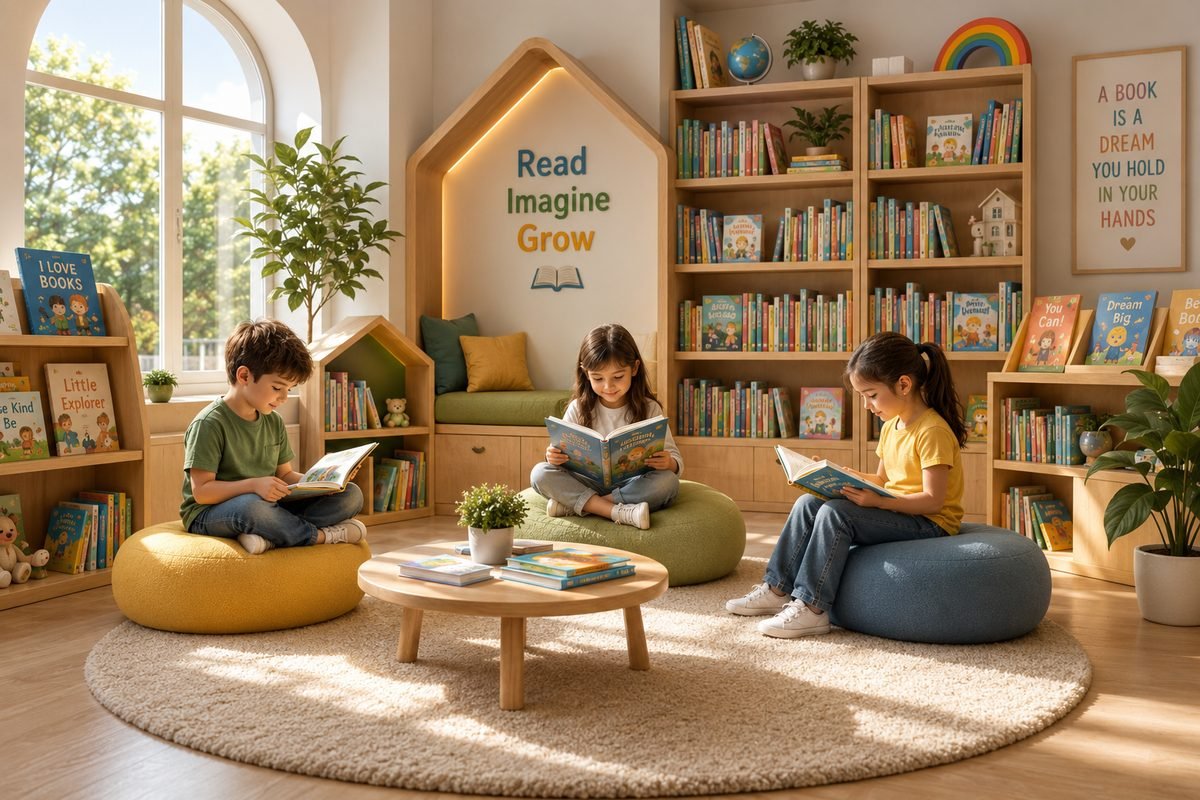 Young boy reading an activity workbook at a low wooden table in a cosy home library