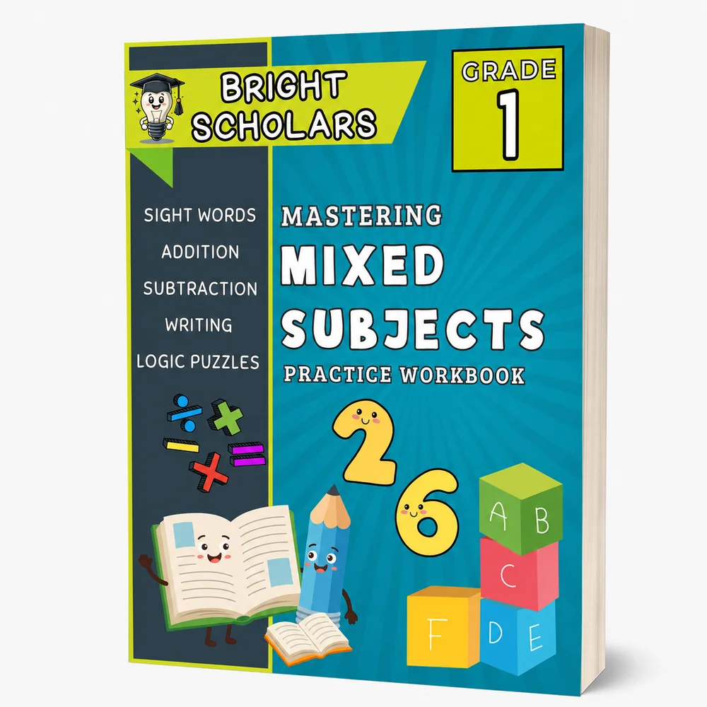 Bright Scholars Grade 1 Mastering Mixed Subjects practice workbook cover, sight words, addition, subtraction, writing and logic puzzles