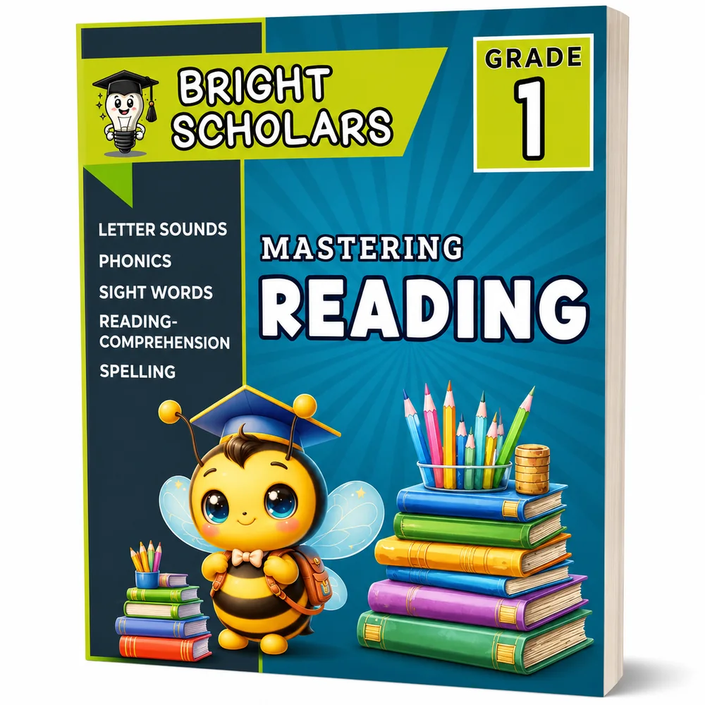 Bright Scholars Grade 1 Mastering Reading workbook cover, letter sounds, phonics, sight words, reading comprehension and spelling