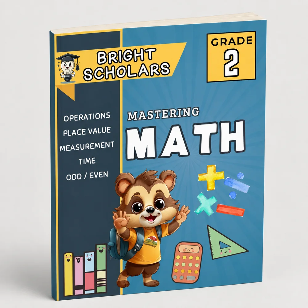 Bright Scholars Grade 2 Mastering Math workbook cover, operations, place value, measurement, time and odd and even numbers