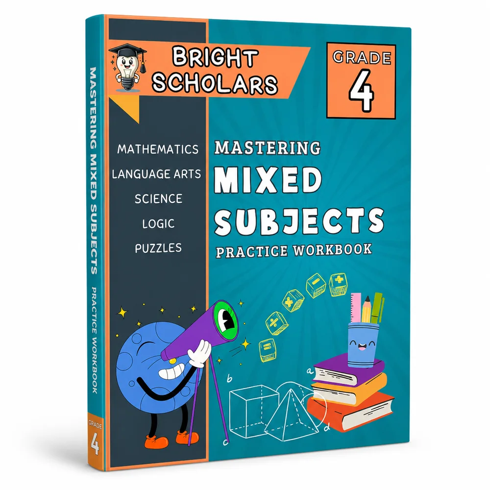 Bright Scholars Grade 4 Mastering Mixed Subjects practice workbook cover, mathematics, language arts, science, logic and puzzles
