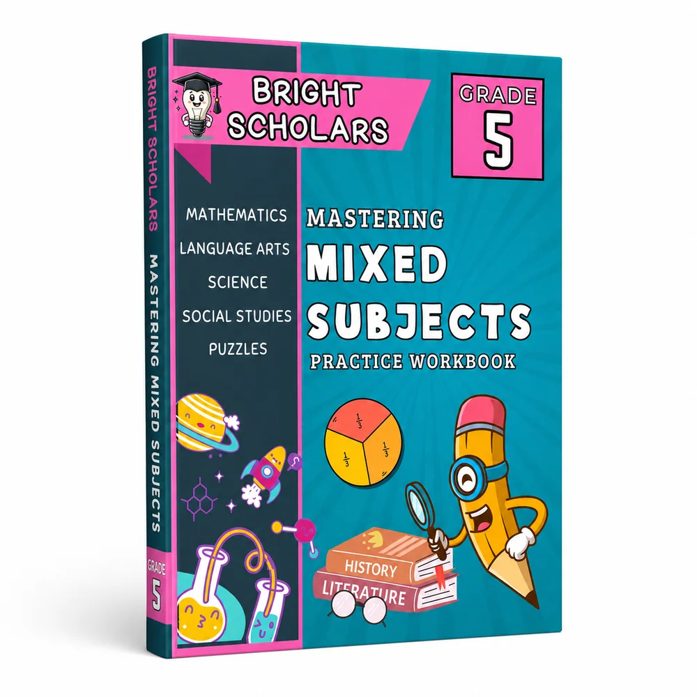 Bright Scholars Grade 5 Mastering Mixed Subjects practice workbook cover, mathematics, language arts, science, social studies and puzzles