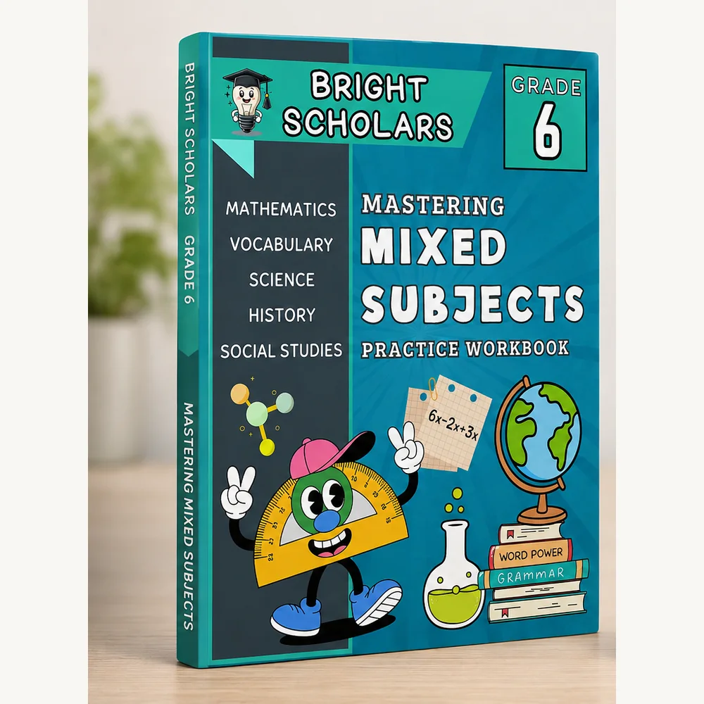 Bright Scholars Grade 6 Mastering Mixed Subjects practice workbook cover, mathematics, vocabulary, science, history and social studies