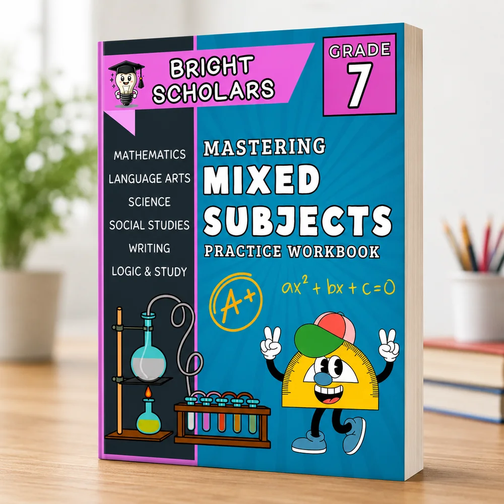 Bright Scholars Grade 7 Mastering Mixed Subjects practice workbook cover, mathematics, language arts, science, social studies and writing