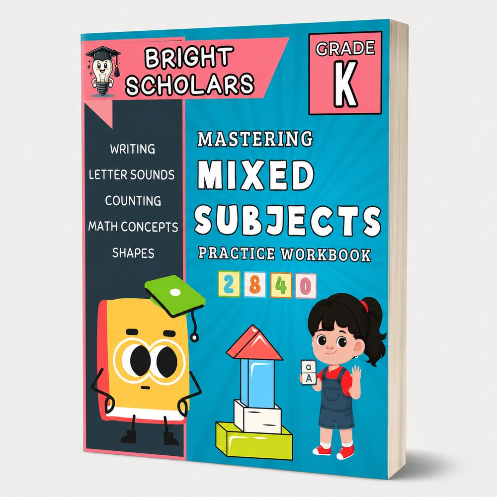 Bright Scholars Kindergarten Mastering Mixed Subjects practice workbook cover, writing, letter sounds, counting, math concepts and shapes