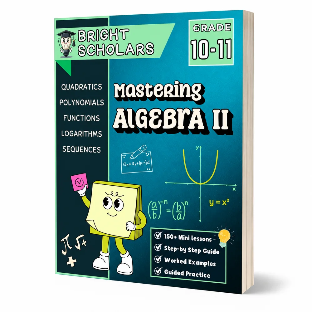 Bright Scholars Mastering Algebra II workbook cover for grades 10 to 11, covering quadratics, polynomials, functions, logarithms and sequences