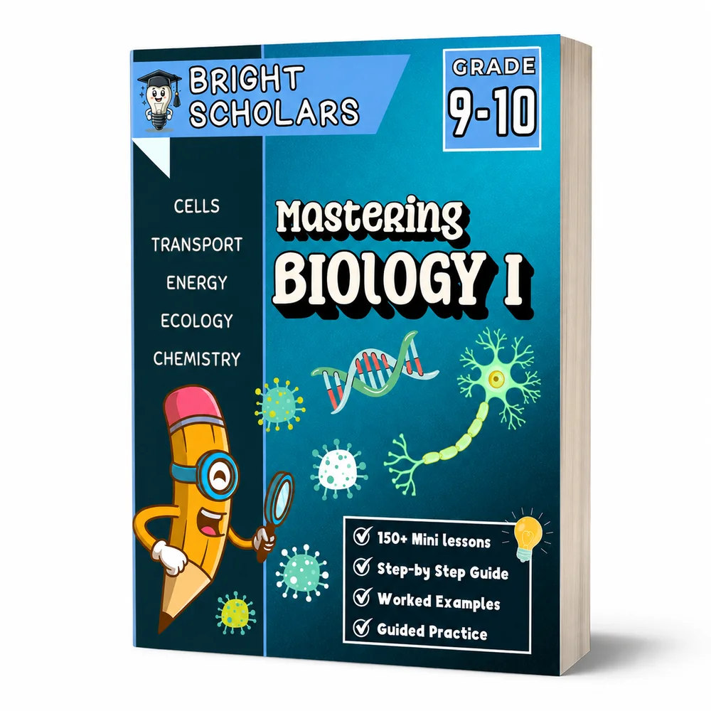 Bright Scholars Mastering Biology I workbook cover for grades 9 to 10, covering cells, cellular transport, energy, ecology and the chemistry of life