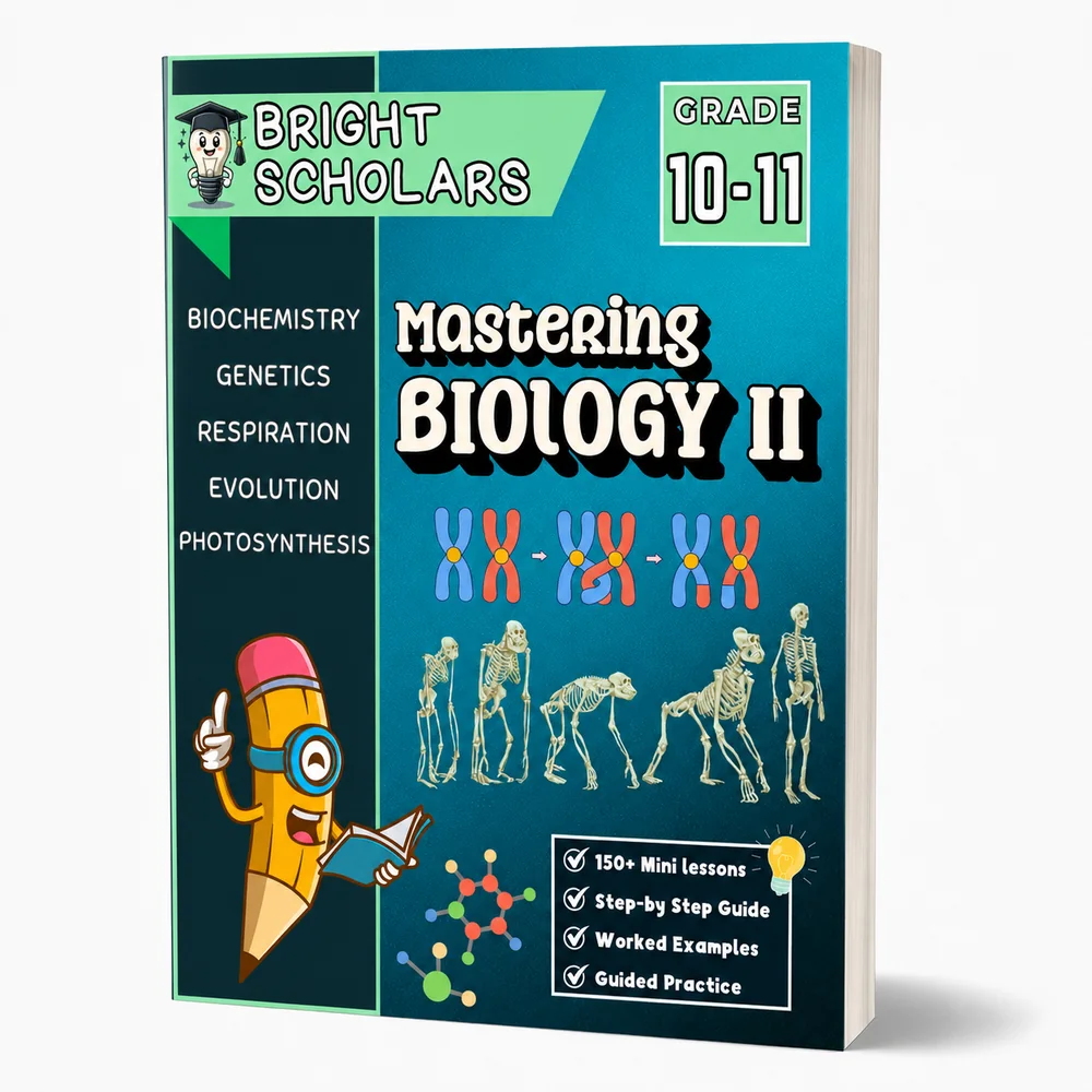 Bright Scholars Mastering Biology II workbook cover for grades 10 to 11, covering biochemistry, genetics, respiration, evolution and photosynthesis