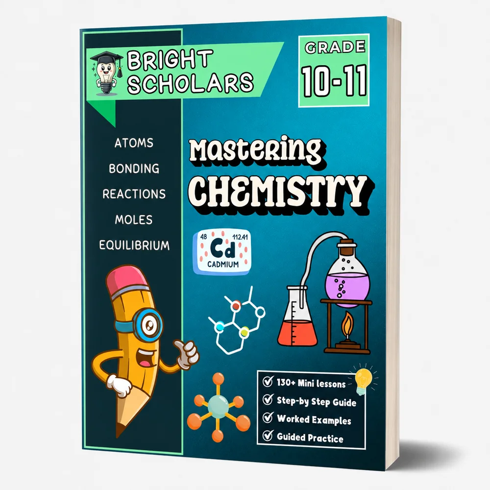 Bright Scholars Mastering Chemistry workbook cover for grades 10 to 11, covering atoms, chemical bonding, reactions, moles and equilibrium