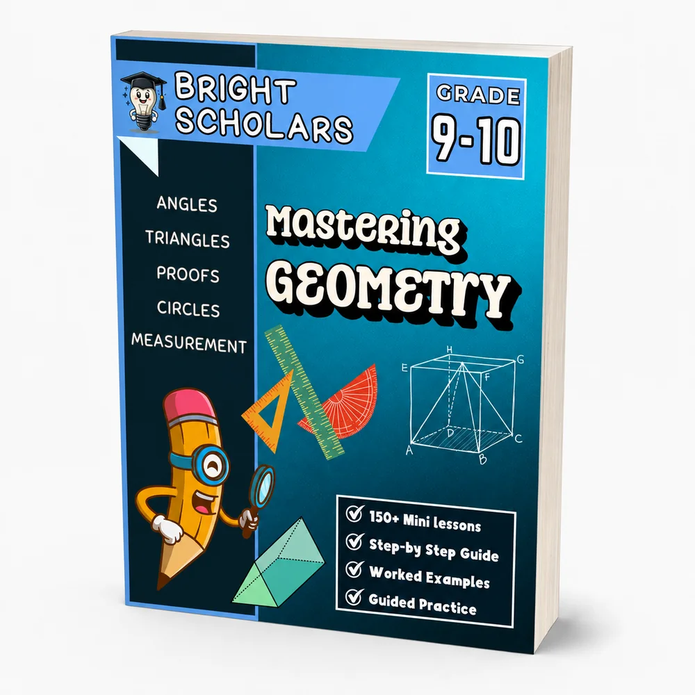 Bright Scholars Mastering Geometry workbook cover for grades 9 to 10, covering angles, triangles, proofs, circles and measurement