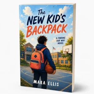 The New Kids Backpack by Mara Ellis, a Finding Our Way novel cover showing a boy with a backpack and basketball on a school court, a story about moving and starting over
