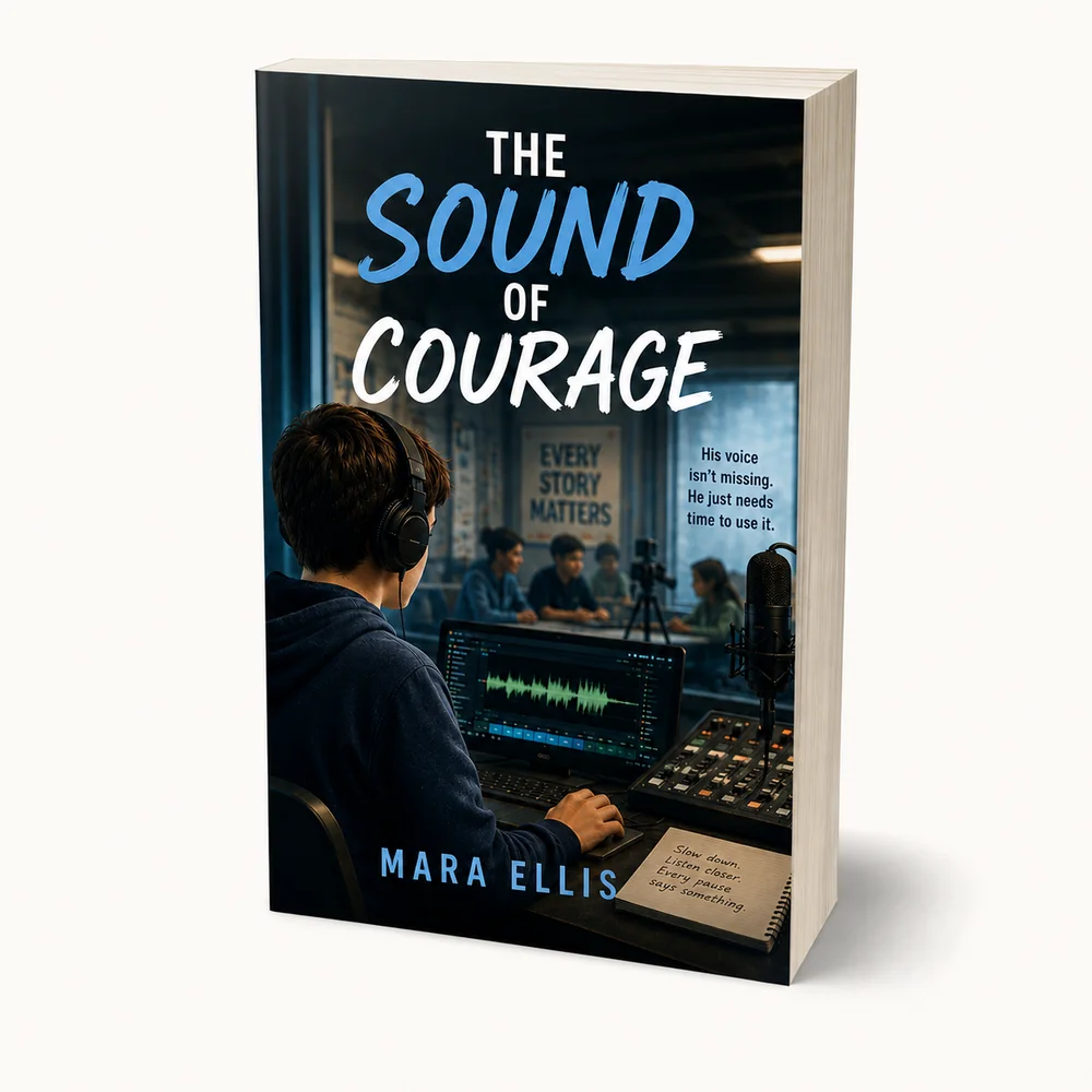 The Sound of Courage by Mara Ellis, a Finding Our Way novel cover showing a boy at a sound desk wearing headphones, a story about anxiety and speaking up