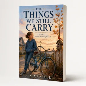 The Things We Still Carry by Mara Ellis, a Finding Our Way novel cover showing a child with a bicycle beside a birdhouse in autumn, a story about grief and moving forward