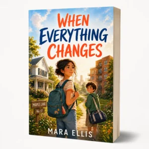 When Everything Changes by Mara Ellis, a Finding Our Way novel cover showing two children walking between two homes on Maple Lane, a story about family separation