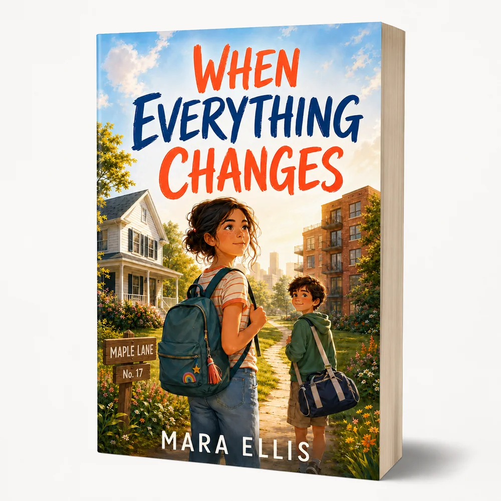 When Everything Changes by Mara Ellis, a Finding Our Way novel cover showing two children walking between two homes on Maple Lane, a story about family separation