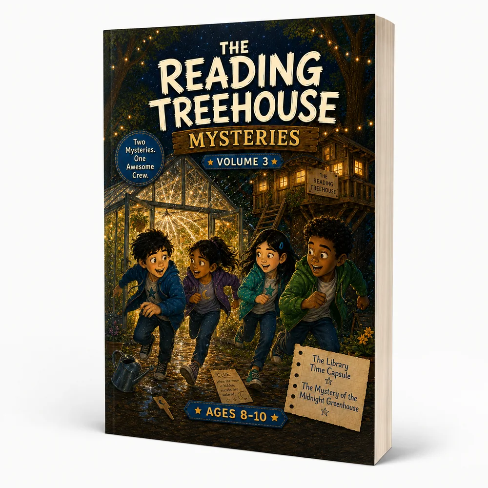 The Reading Treehouse Mysteries Volume 3 cover, four friends outside a lantern-lit greenhouse, The Library Time Capsule and The Midnight Greenhouse, ages 8 to 10